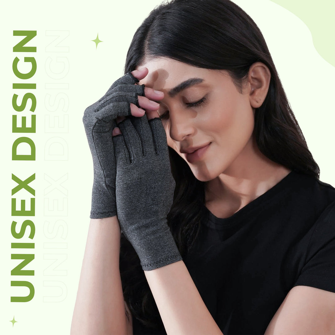 Unisex compression gloves providing daily hand support, comfort, and relief from discomfort.