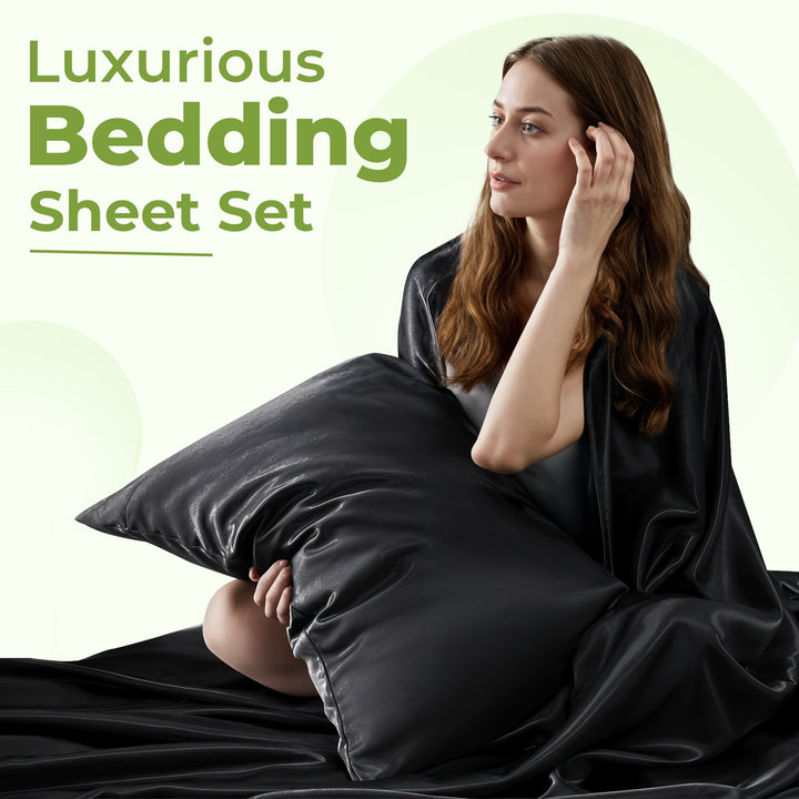 Premium satin bed sheet set, deep pockets for a secure fit. Silky soft & comfortable luxury bedding.
