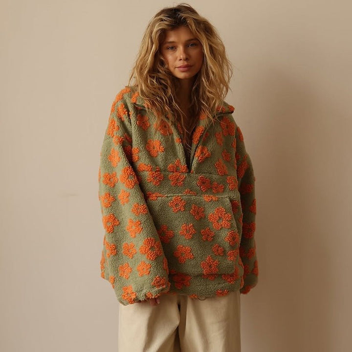 Oversized women's cozy floral teddy fleece half-zip sweater. Comfortable & warm for casual winter days.