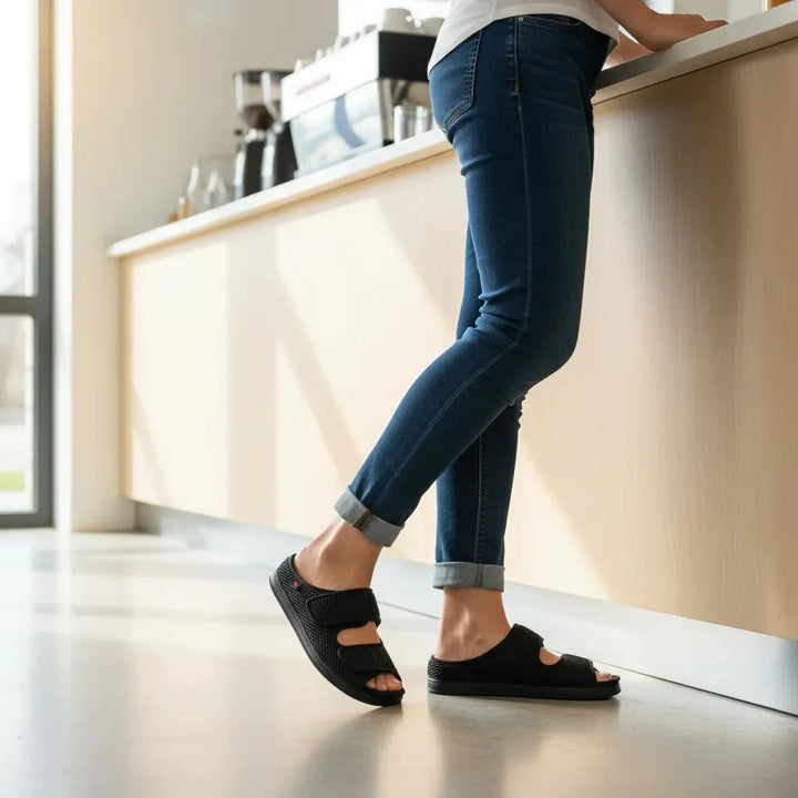 Diabetic-friendly women's sandals with wide fit & adjustable straps for swollen feet; foot pain relief.