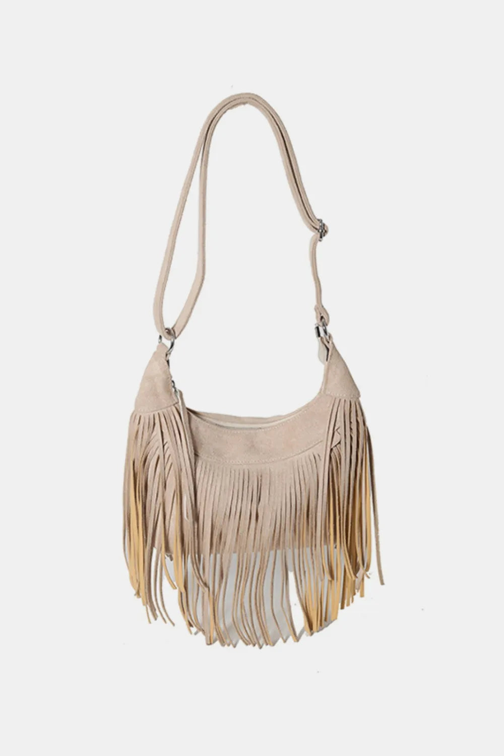 Bohemian suede shoulder bag, stylish with decorative fringe and a secure main closure.