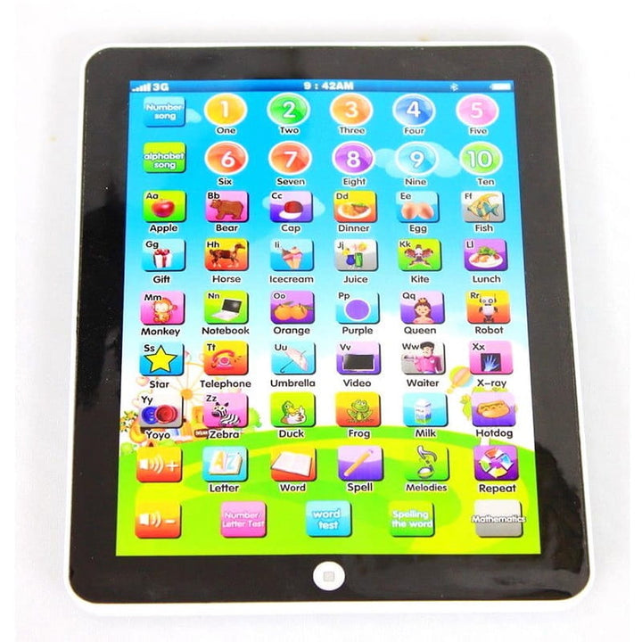 Colorful 7.5-inch children's interactive learning tablet with engaging sounds for early childhood education.