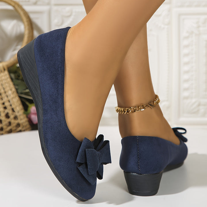 Navy elegant women's wedge ballet flats, versatile slip-on shoes with cute bow, perfect for work.