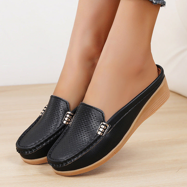 Perforated wedge loafers, women's slip-on design, offering comfort and style for daily wear.