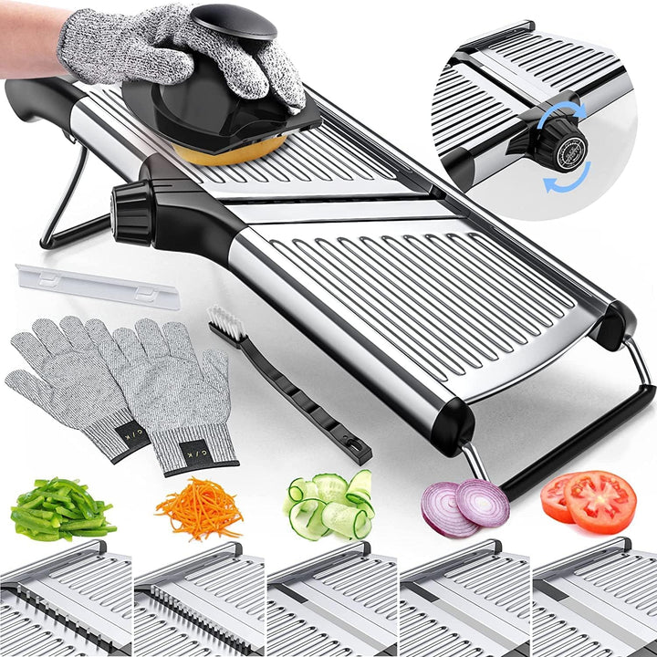 Precision food slicer with safety gloves, ideal for efficient kitchen prep and safe vegetable slicing.