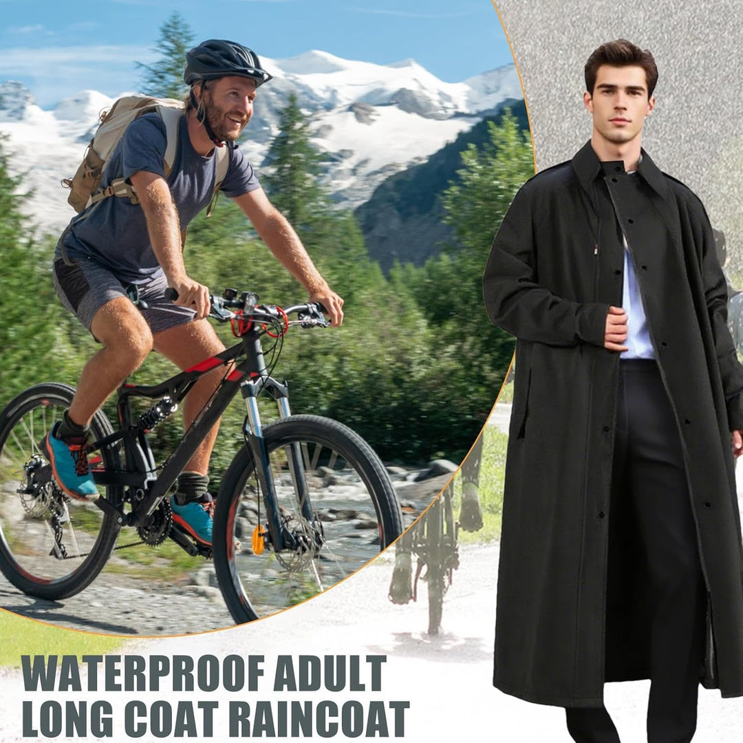 Lightweight packable waterproof long rain jacket for men & women, ideal for hiking & travel.
