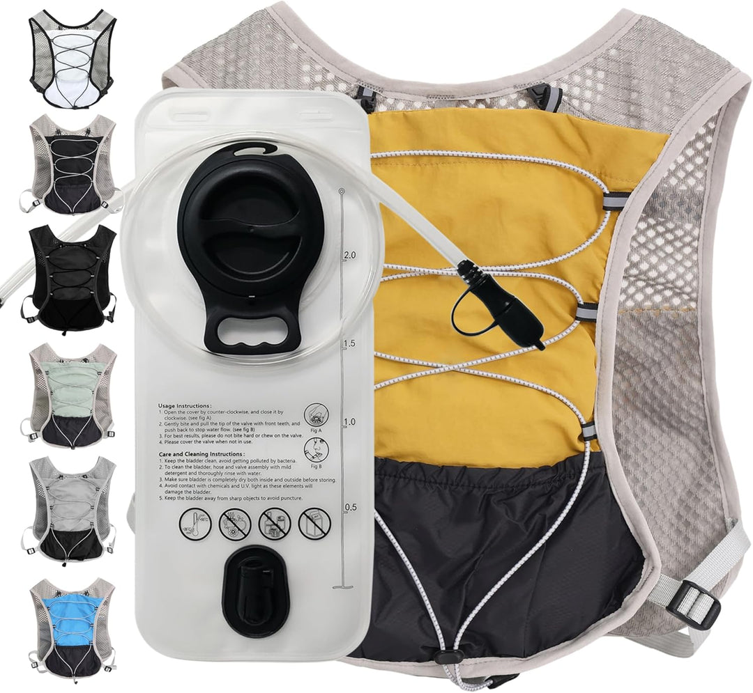Lightweight hydration pack designed for trail runners, features a 2-liter bladder.