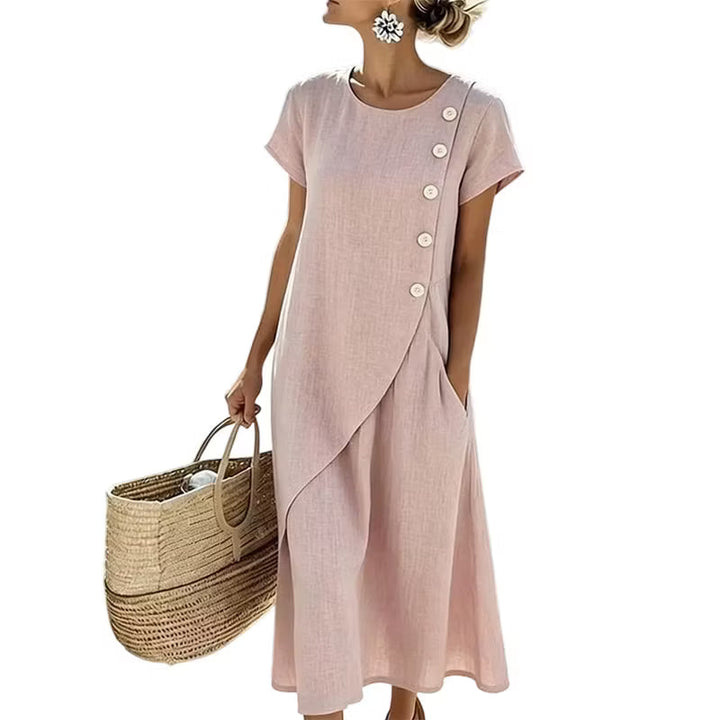 Women's flowy short sleeve midi dress, perfect for casual summer wear, beach outings, or everyday comfort.