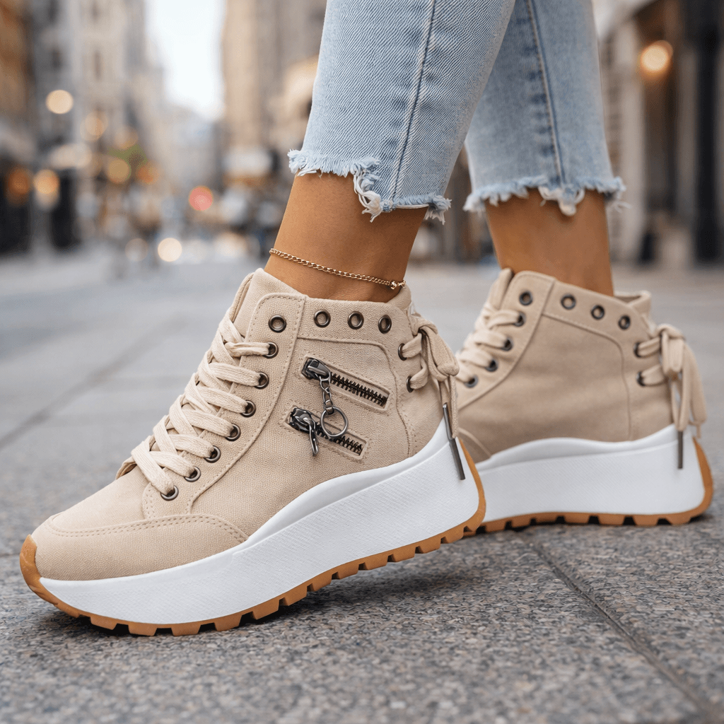 Detail shot of women's high-top platform sneakers, highlighting modern design & comfortable fit.