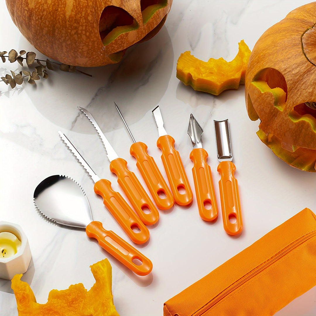 A 7-piece professional carving tool set in a canvas bag, perfect for detailed Halloween pumpkins.