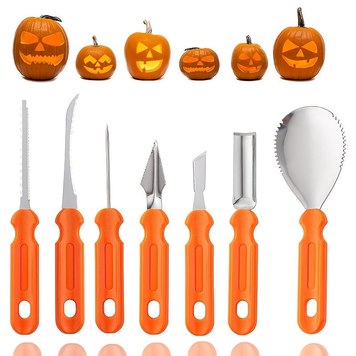 Unboxed 7-piece pumpkin carving kit with tools ready for autumn Halloween projects.