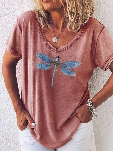 Women's relaxed fit V-neck t-shirt with a vibrant dragonfly graphic print. Perfect casual summer top.