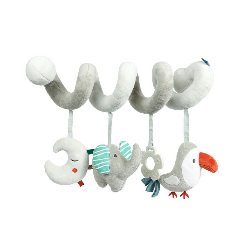 Soft baby sensory play spiral with cute animal motifs. Developmental infant toy for stroller, car seat, or crib.