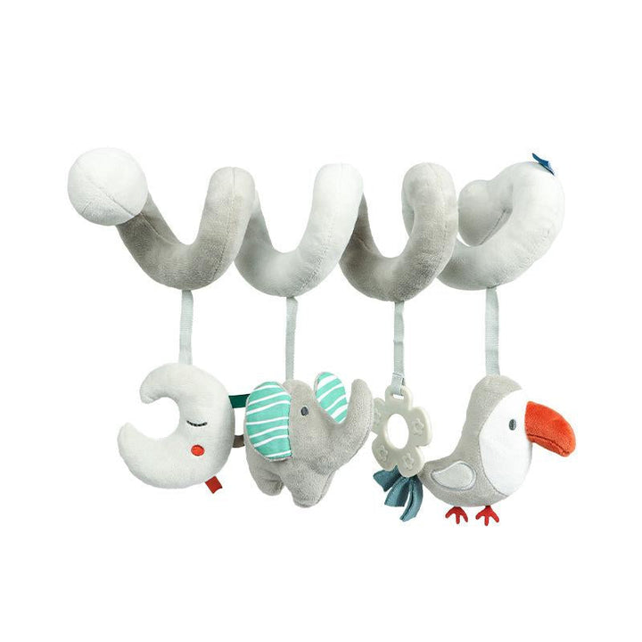 Soft baby sensory play spiral with cute animal motifs. Developmental infant toy for stroller, car seat, or crib.