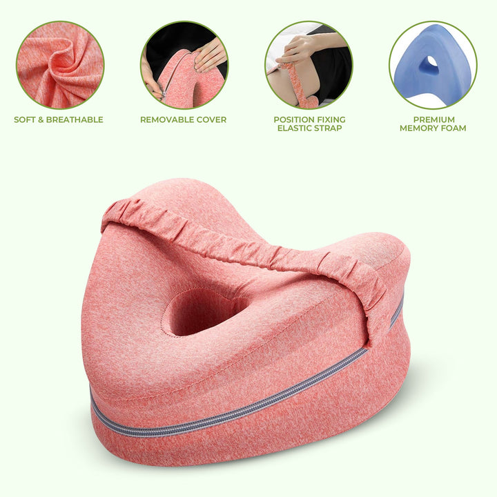 Ergonomic memory foam knee pillow for side sleepers, relieving hip, back & sciatica pain.