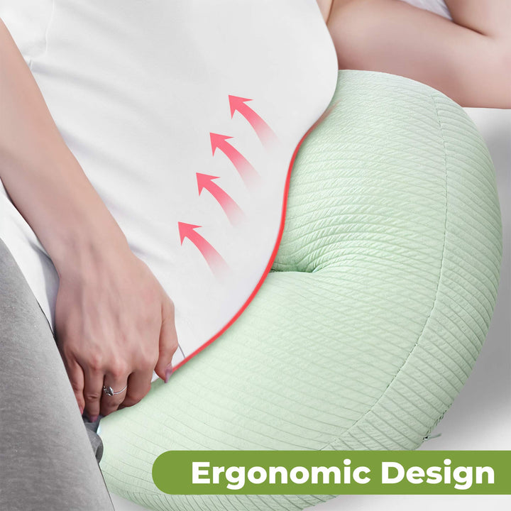 Pregnancy side sleeping support pillow providing comfort and back relief for expecting mothers.