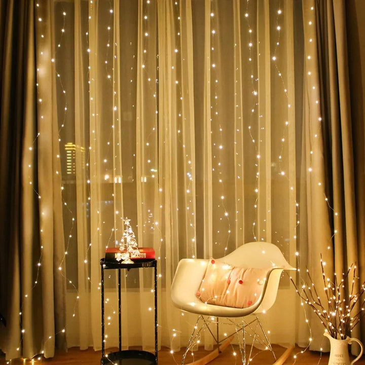 Warm white LED string lights, designed as a curtain for elegant indoor/outdoor wall decor.