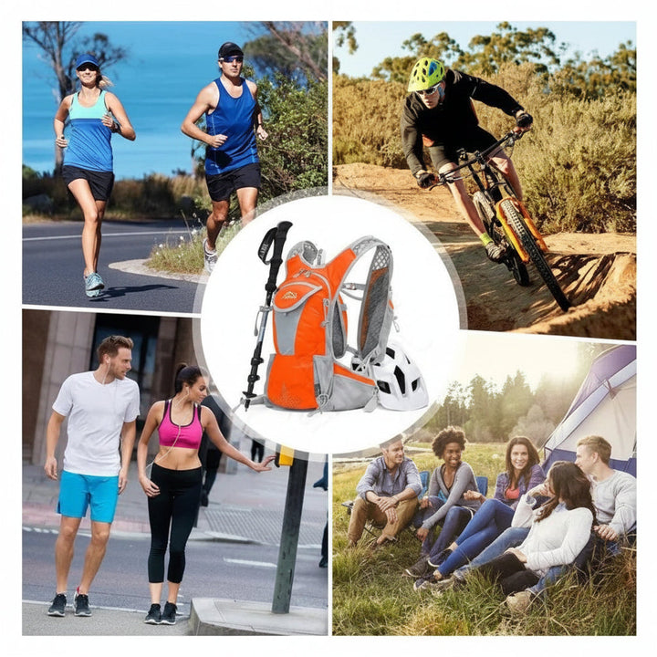 Front view of a sleek unisex lightweight hydration pack with multiple secure storage pockets.