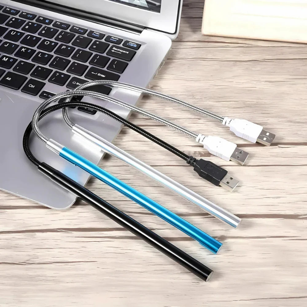 Flexible USB desk light, dimmable LED for illuminating keyboards & workspaces.