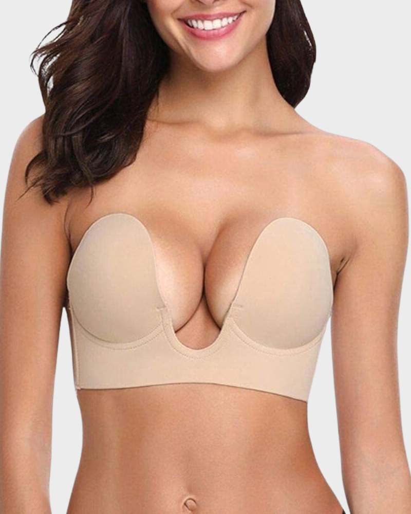 Women's seamless strapless push-up bra in a neutral tone, offering invisible support and enhanced cleavage.