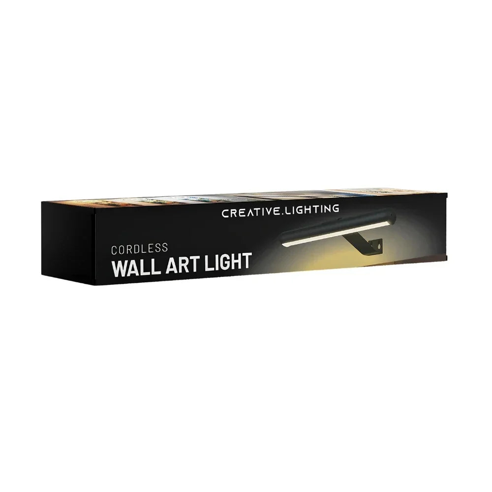 Smart cordless LED picture light. Dimmable, rechargeable, remote control for modern gallery lighting.