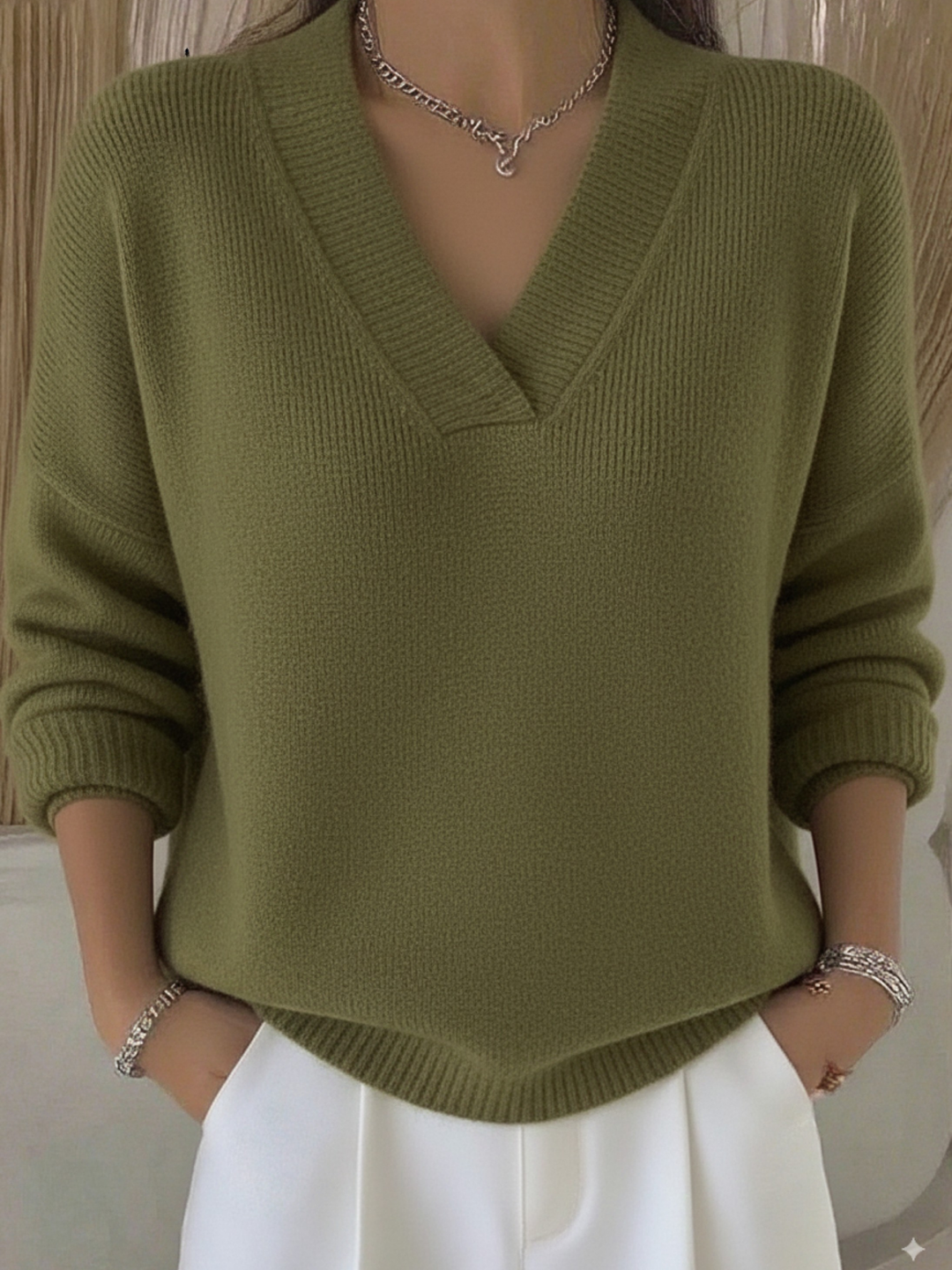 Versatile women's V-neck long-sleeve sweater, perfect for casual, office, or elegant winter fashion.