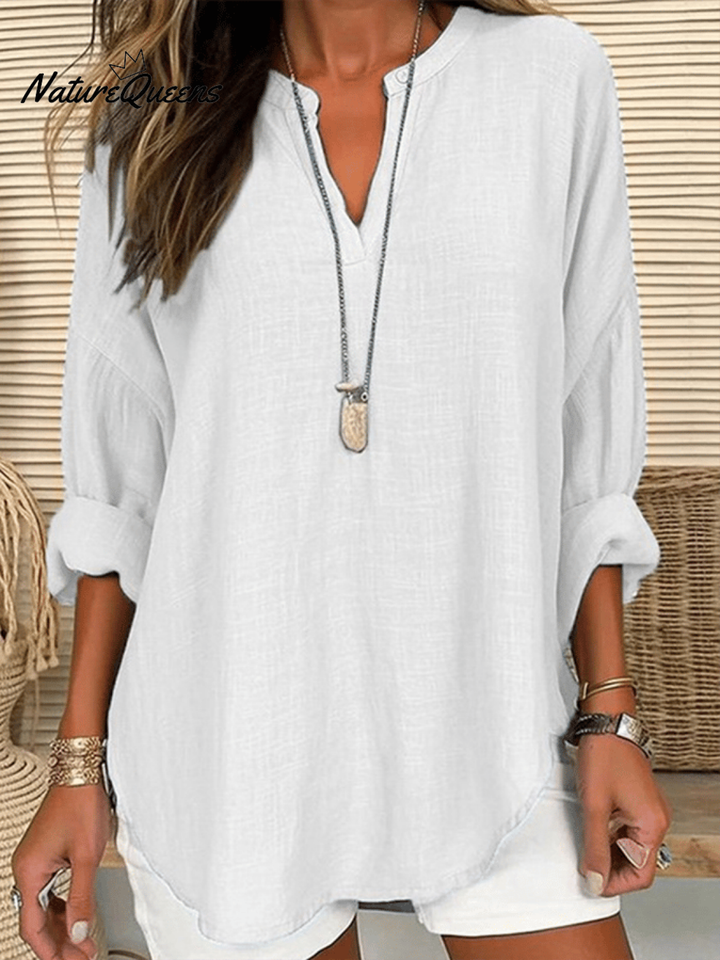 Stylish ladies V-neck long sleeve tunic top. Comfortable relaxed fit for spring & fall fashion.