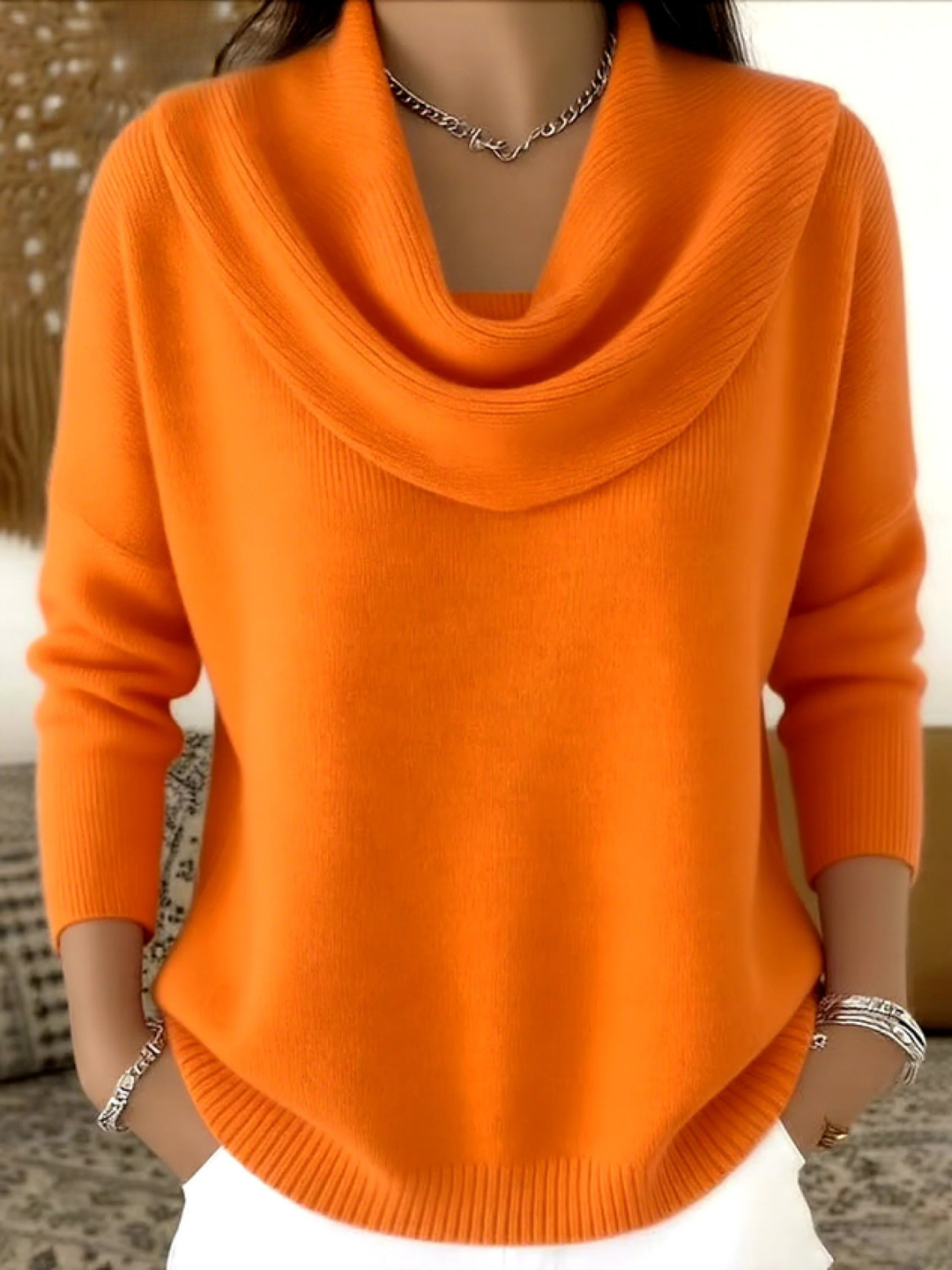 Elegant women's fall fashion cowl neck sweater, long sleeve pullover for chic layering.
