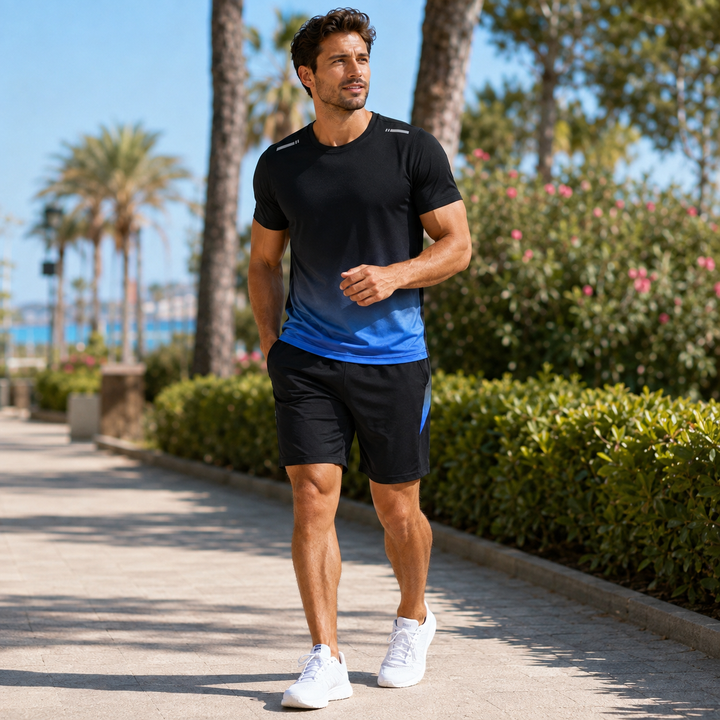 Breathable men's activewear set, two-piece quick-dry training gear for sport & fitness.