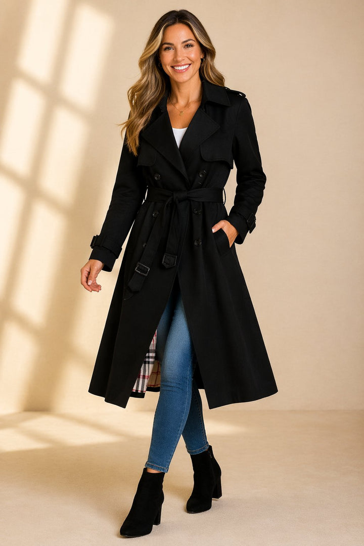 Stylish women's long trench coat with a flattering waist belt, ideal for versatile autumn and city chic fashion.