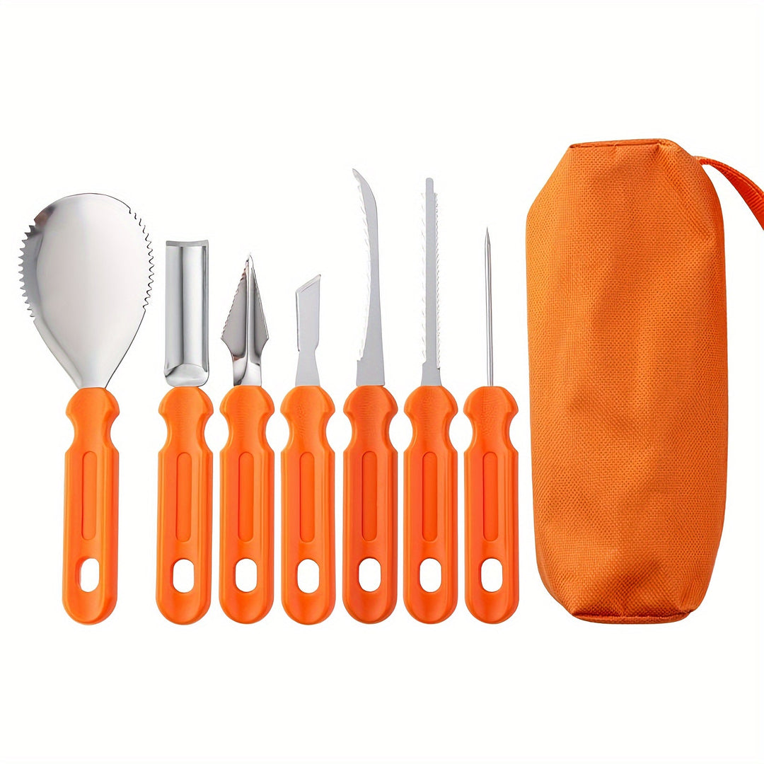Master your Halloween gourds with this 7-piece professional pumpkin carving set and canvas storage bag.