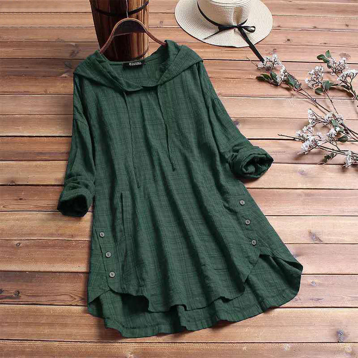 Comfortable women's long sleeve hooded tunic top with unique button detail. Great for everyday fall style.