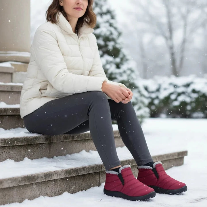 Red women's warm winter slip-on boots, waterproof and secure for snow and cold protection.