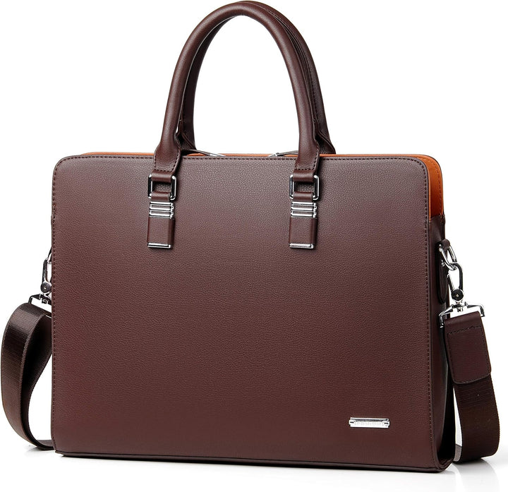 Sleek genuine leather business brief with multiple compartments, perfect for professional laptop carry.