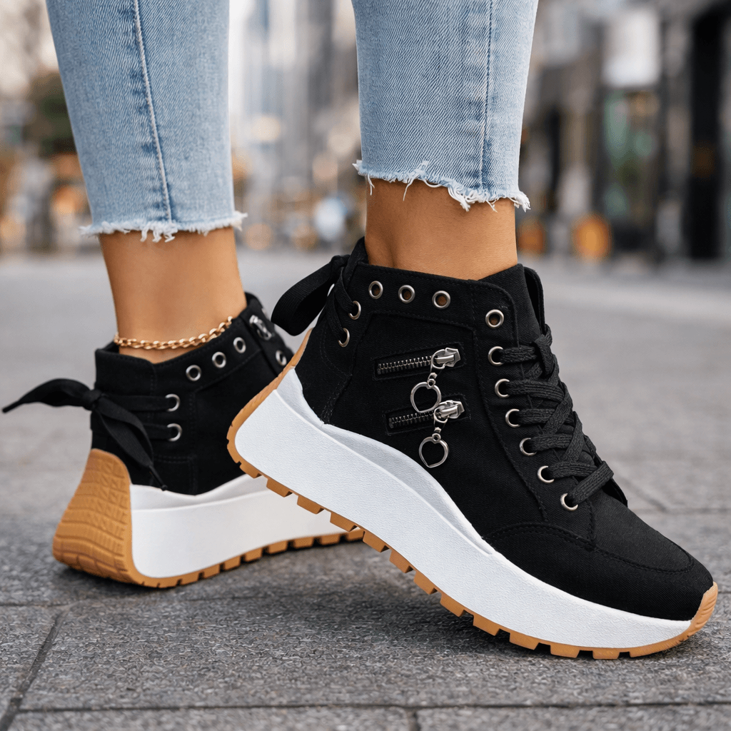 Fashionable women's high-top platform sneakers, offering comfortable street style & modern appeal.