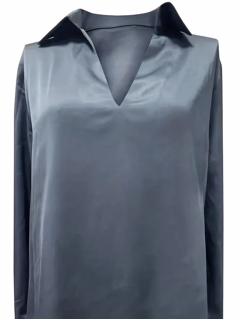 Premium women's V-neck blouse, elegant long sleeve top for casual chic versatility.