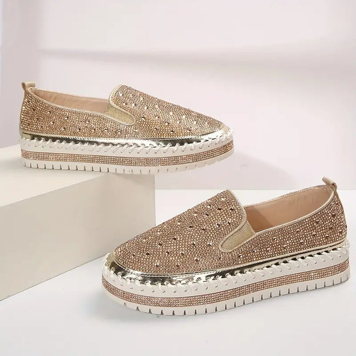 Women's dazzling glitter and rhinestone slip-on shoes, offering ultimate comfort and shimmer.