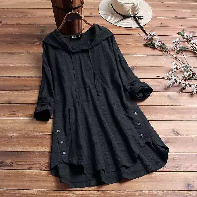 Women's hooded tunic top with long sleeves, stylish button hem. Perfect for casual autumn wear and everyday style.