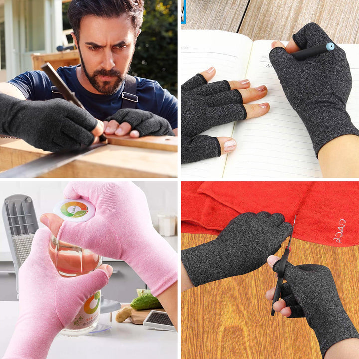 Grey unisex compression gloves, breathable material for all-day comfort and discomfort relief.