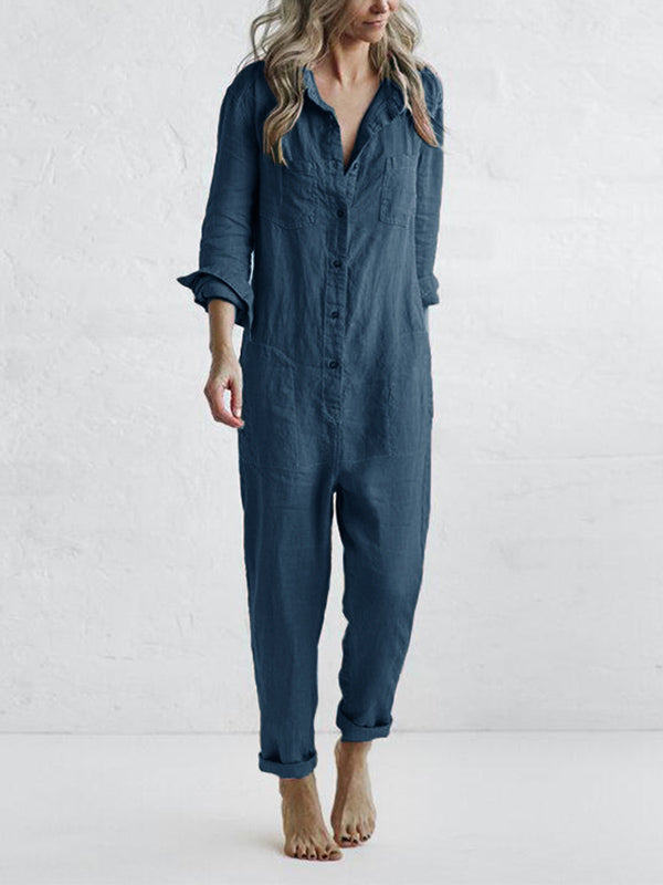 Versatile women's long sleeve button-front jumpsuit, perfect for casual day or elegant evening wear.