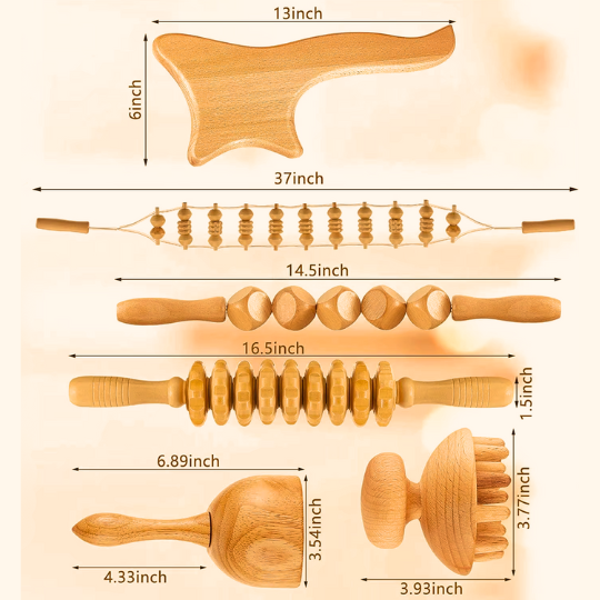 Maderotherapy body sculpting tools, natural wood set for lymphatic drainage, contouring, & muscle relief.