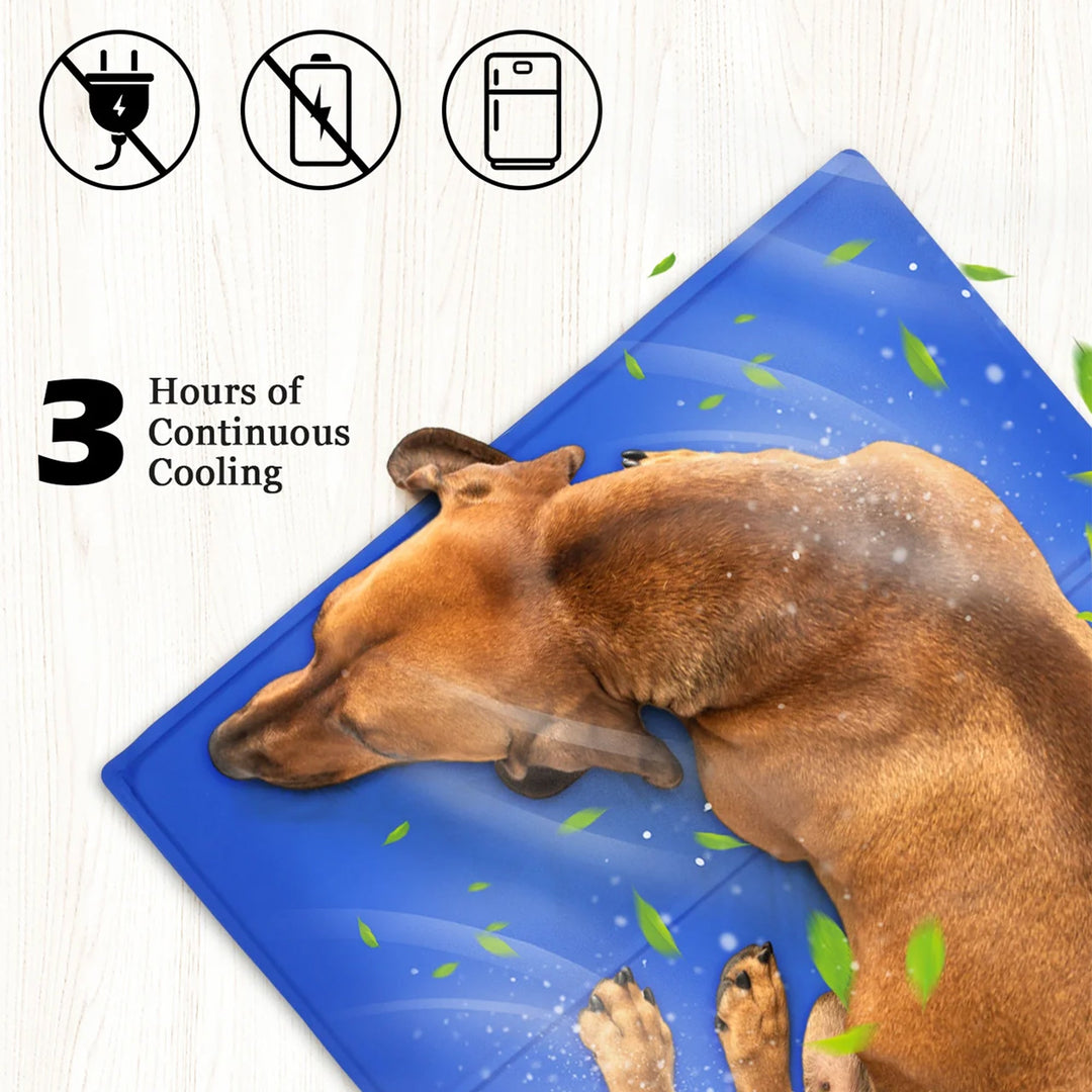 Large green pet cooling mat for dogs & cats, featuring pressure-activated gel for ultimate summer comfort & heat relief.