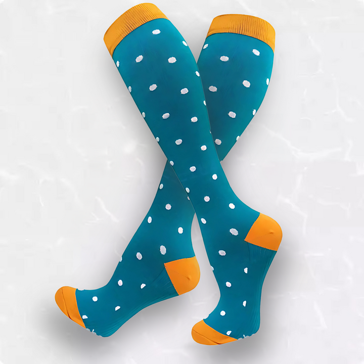 Active wear spotted compression socks, ensuring leg support, comfort & healthy circulation for all.