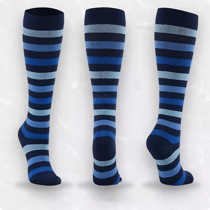 Comfortable striped compression socks for active men & women, ideal for long hours on your feet.