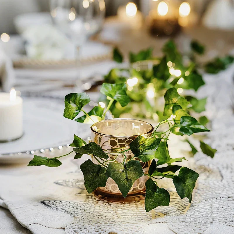 Decorative LED leaf garland lights with a warm white glow, ideal for indoor & outdoor use.