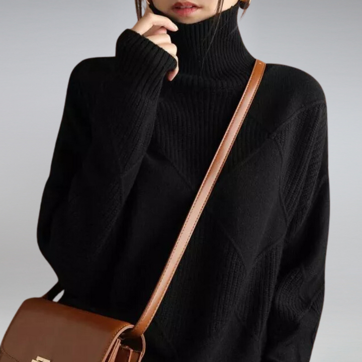 Soft women's turtleneck sweater for winter. Chic cozy knit, long sleeve top for elegant fall fashion.
