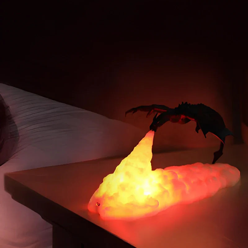 Detailed 3D printed dragon night light with LED glow, a unique piece for fantasy decor.