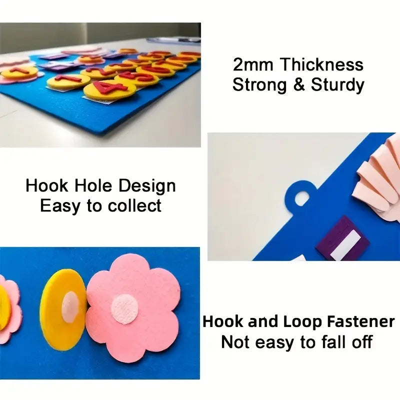 Preschool felt counting game with colorful numbers, promoting early math skills and hand-eye coordination.