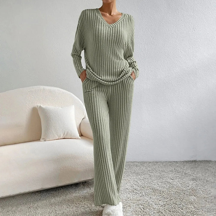 Versatile women's cozy sweater and pants outfit, perfect for comfortable lounging or casual wear.