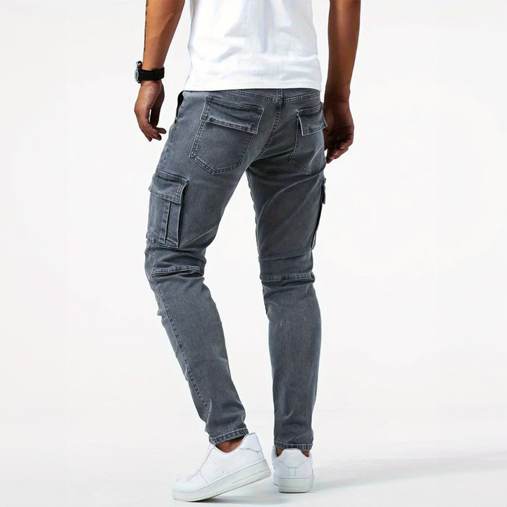 Stylish men's stretch denim cargo pants for urban fashion. Comfortable & durable mens bottoms.